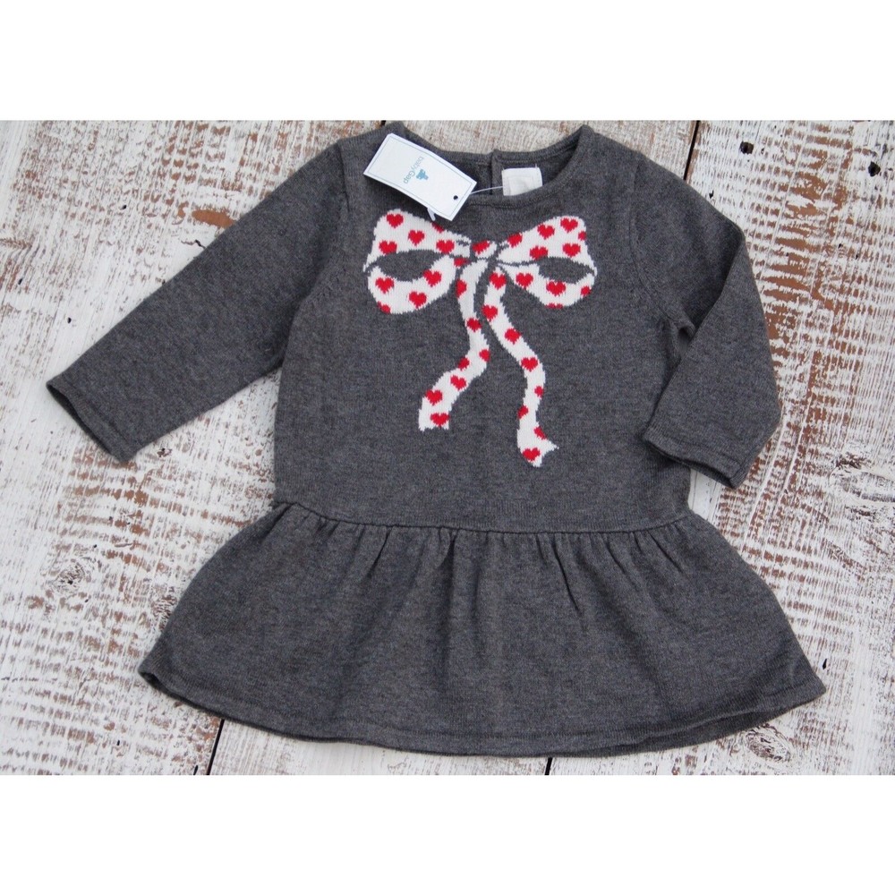 Baby GAP Girls NEW Sz 6-12 Mo Gray Bow Accent Long Sleeve Knit Sweater Dress
